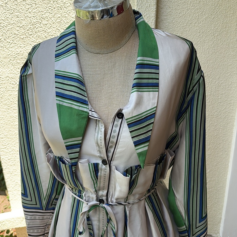 NWOT Beulah luxury brand Striped Green & Blue midi Dress w/ buttons & tie waist - Picture 5 of 13